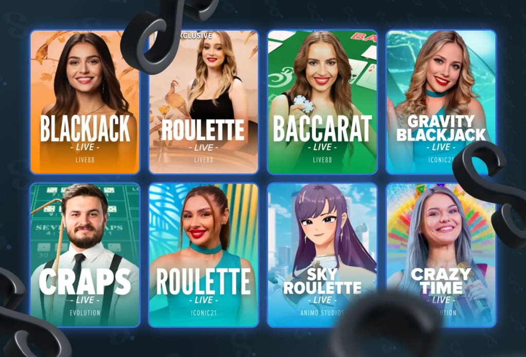 Stake Casino live dealer section showing blackjack, roulette, baccarat, and game show tables powered by Evolution Gaming and others