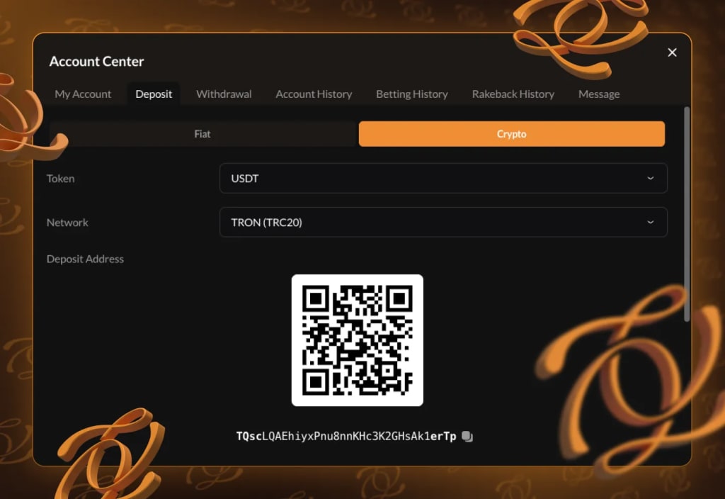 Titi Poker crypto cashier with USDT selected on the TRON TRC20 network