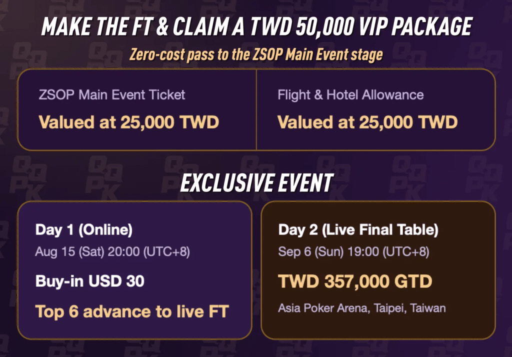TWD 50,000 ZSOP Main Event VIP package - Main Event ticket plus flight and hotel allowance and live final table