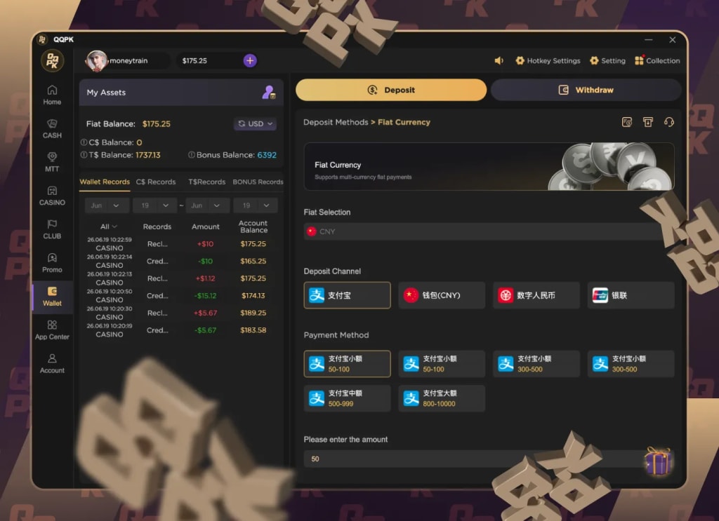 Making a deposit through the CNY fiat channels Alipay and UnionPay