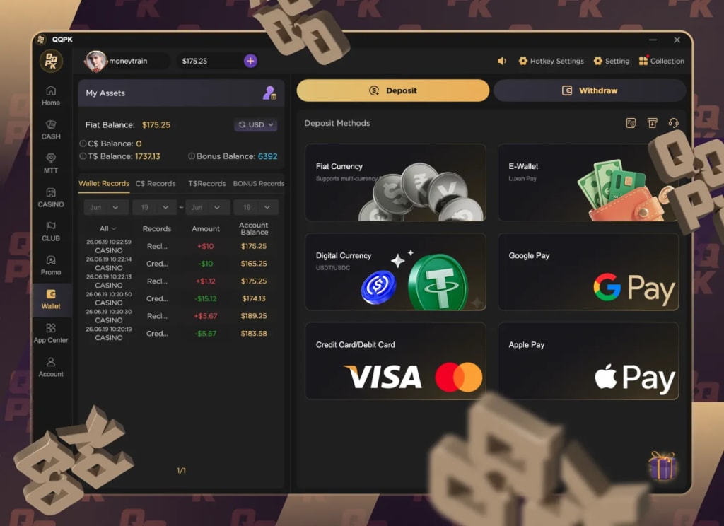 Deposit Methods including USDT, Luxon Pay, cards, Google Pay and Apple Pay