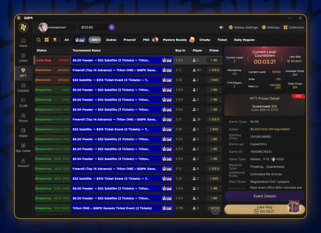QQPK client MTT lobby showing the $1.10 Triton ONE freeroll, $5.50 feeders and $32 satellites and more
