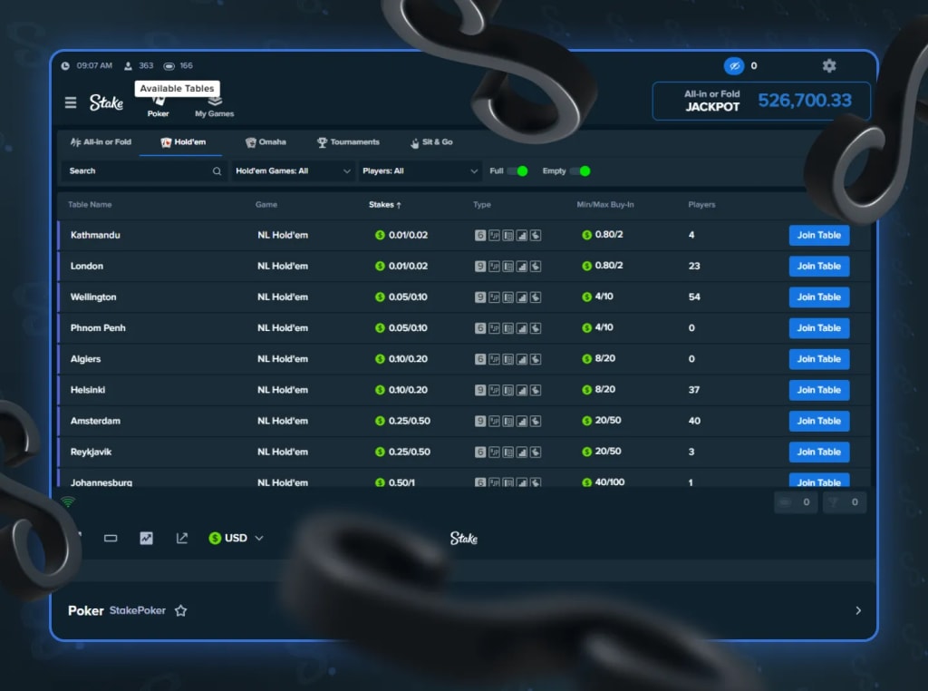 Stake Poker Cash Game Lobby