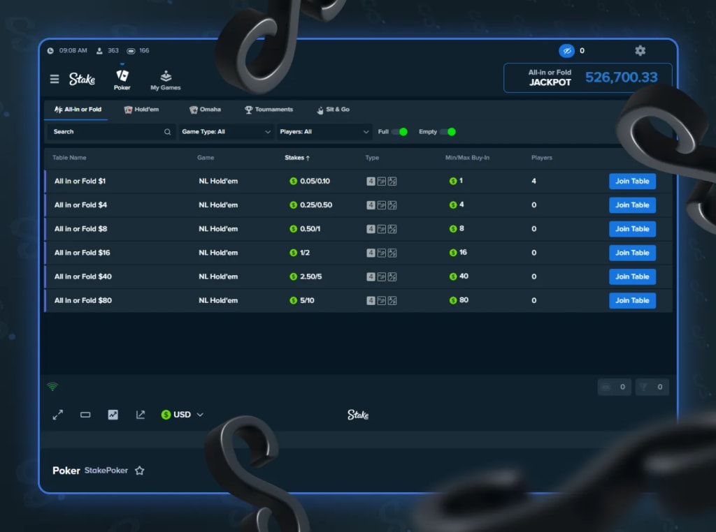 Stake Poker - All-in or Fold Poker Lobby