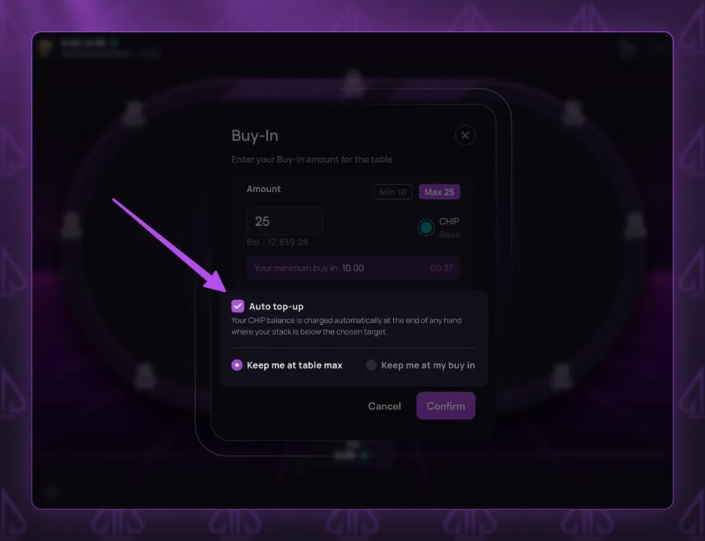 Phenom Poker buy-in window showing a 25 CHIP buy-in on Base with auto top-up switched on