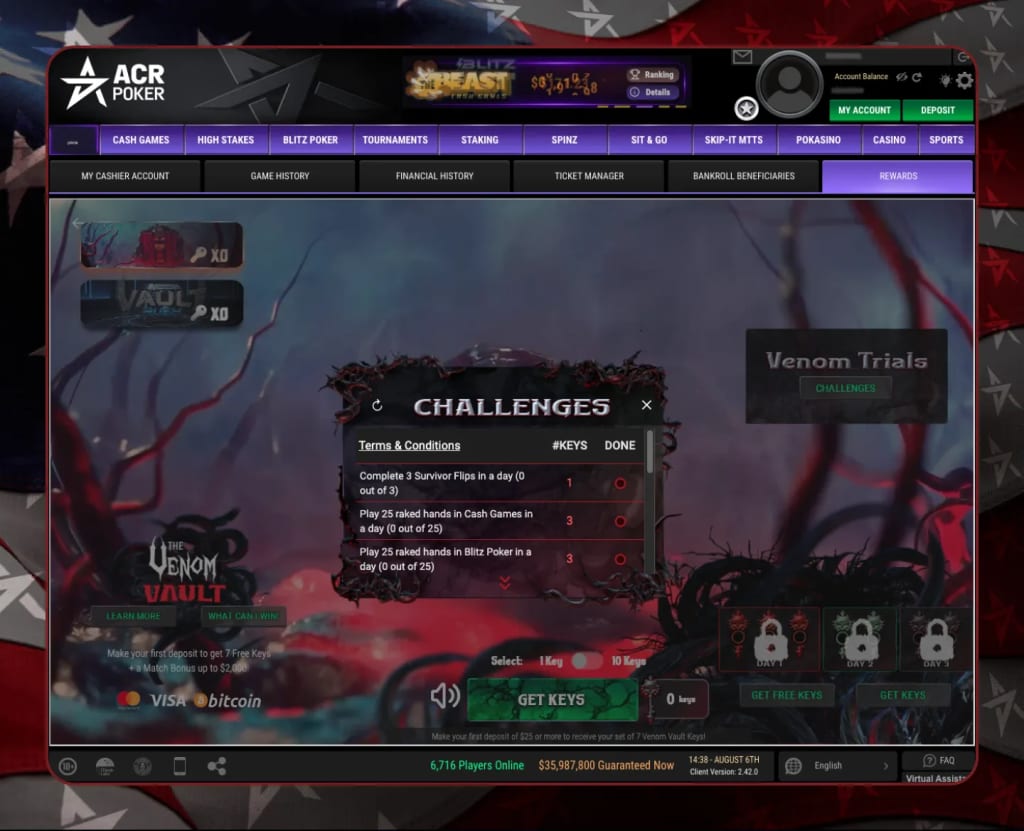 ACR Poker client My Account screen showing where to open the Venom Vault