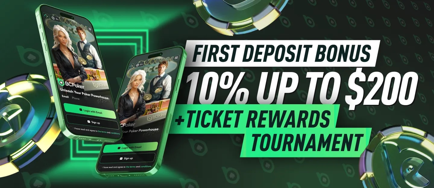 BCPoker First Deposit Bonus 10% up to $200 + Ticket rewards with promo code: SMPBONUS