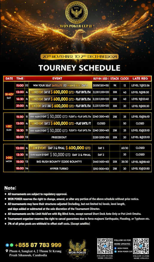 Won Poker Cup II Schedule
