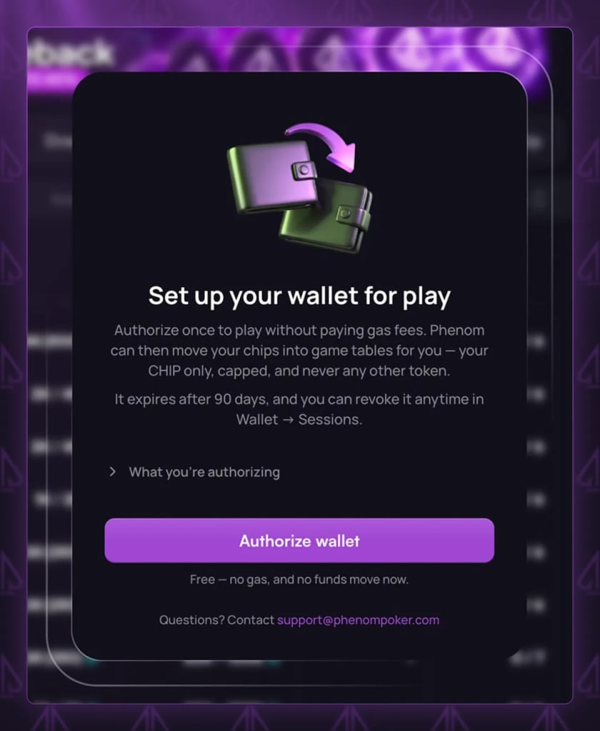Phenom Poker wallet authorization screen offering gas-free play with a 90-day expiry and revoke option