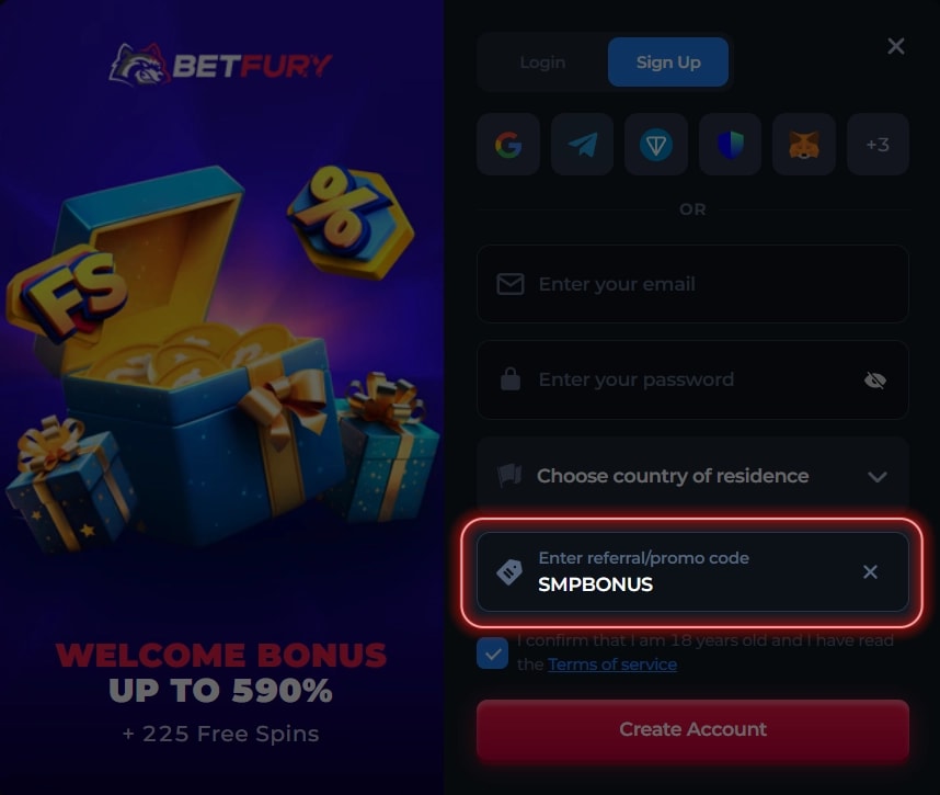 A promo code entry screen with a text box for users to enter a BetFury bonus code to claim exclusive rewards