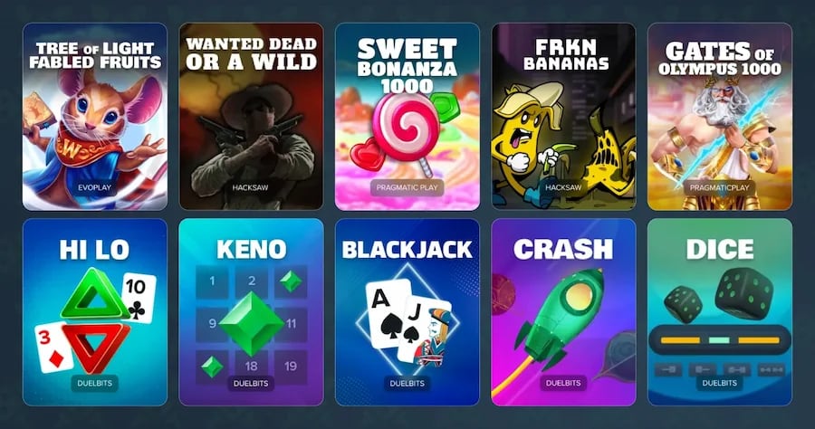 Duelbits crypto casino games lobby with slots and Originals