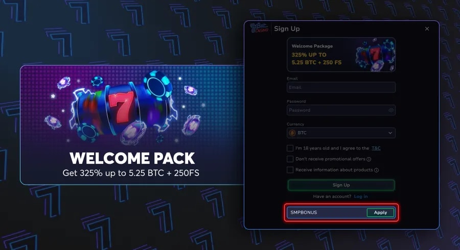 7Bit Casino Promo Code - Sign up with SMPBONUS code.