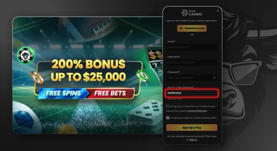 WSM Casino Review - How to register with SMPBONUS Code