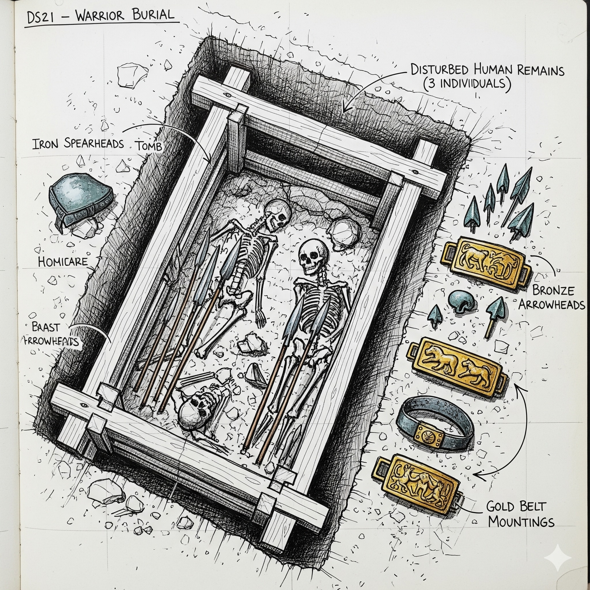 DS21 burial position diagram showing wooden frame-pillar tomb structure