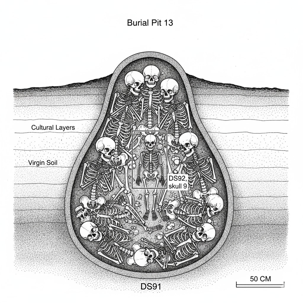 DS92 burial position in pear-shaped household pit with multiple individuals