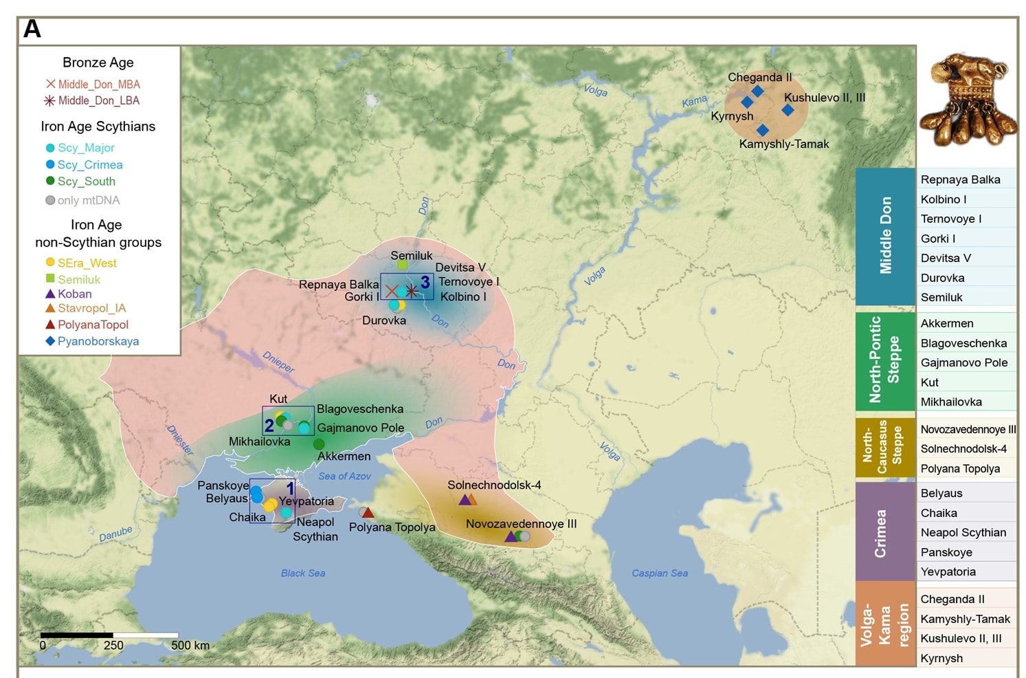 Map of the Middle Don microregion showing Devitsa V, Gorki I, Ternovoye I, Kolbino I, and Repnaya Balka sites