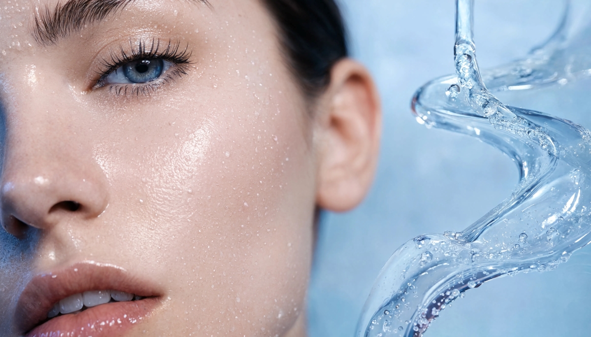 Closeup of woman's face moist with smooth skin because she uses Hyaluronic Acid