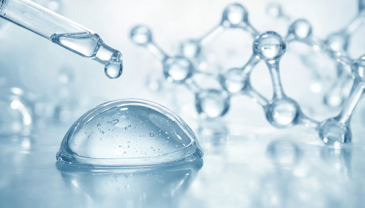 Hyaluronic Acid closeup with dropper and drop