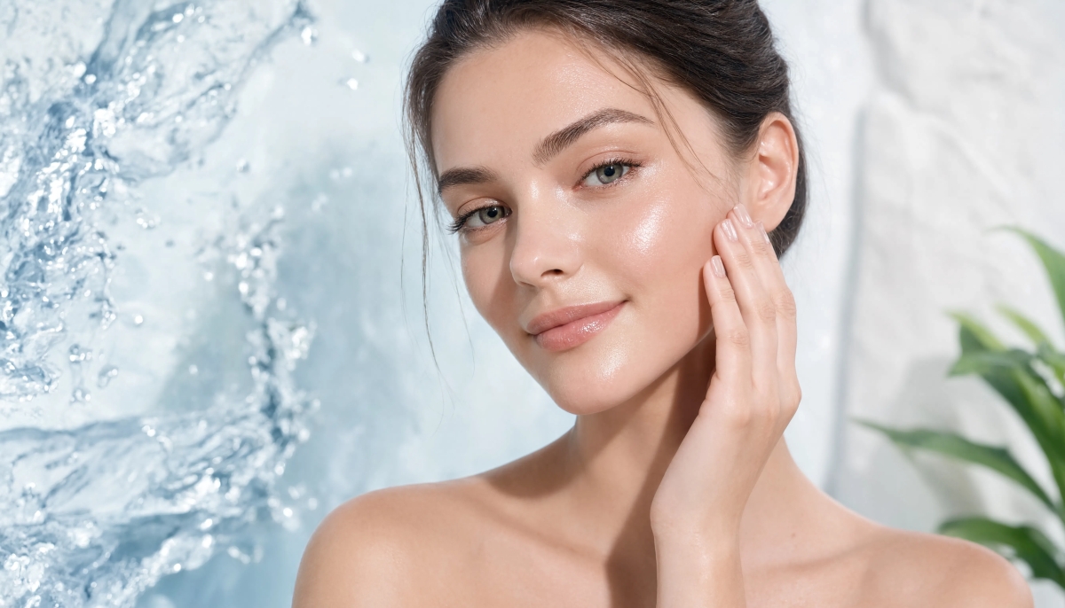 beautiful woman with water splash background touching her super smooth skin face from using Hyaluronic Acid 