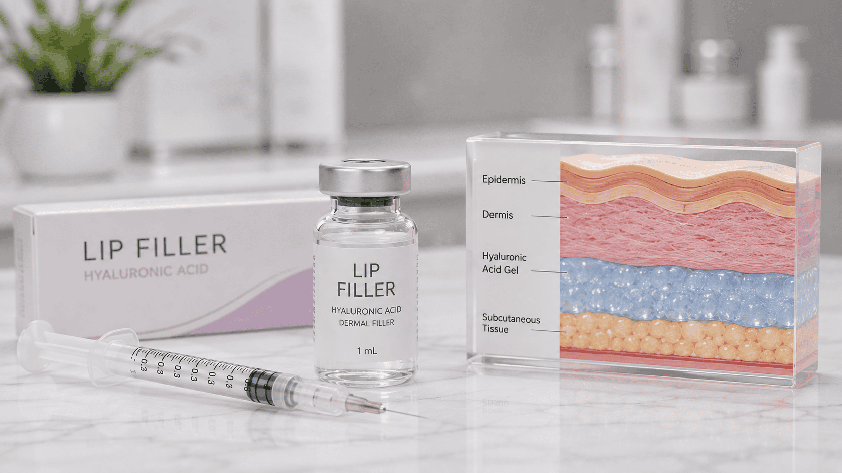 Lip Filler box syringe and vial next to a medical explainer box showing lips and lip filler materials layers