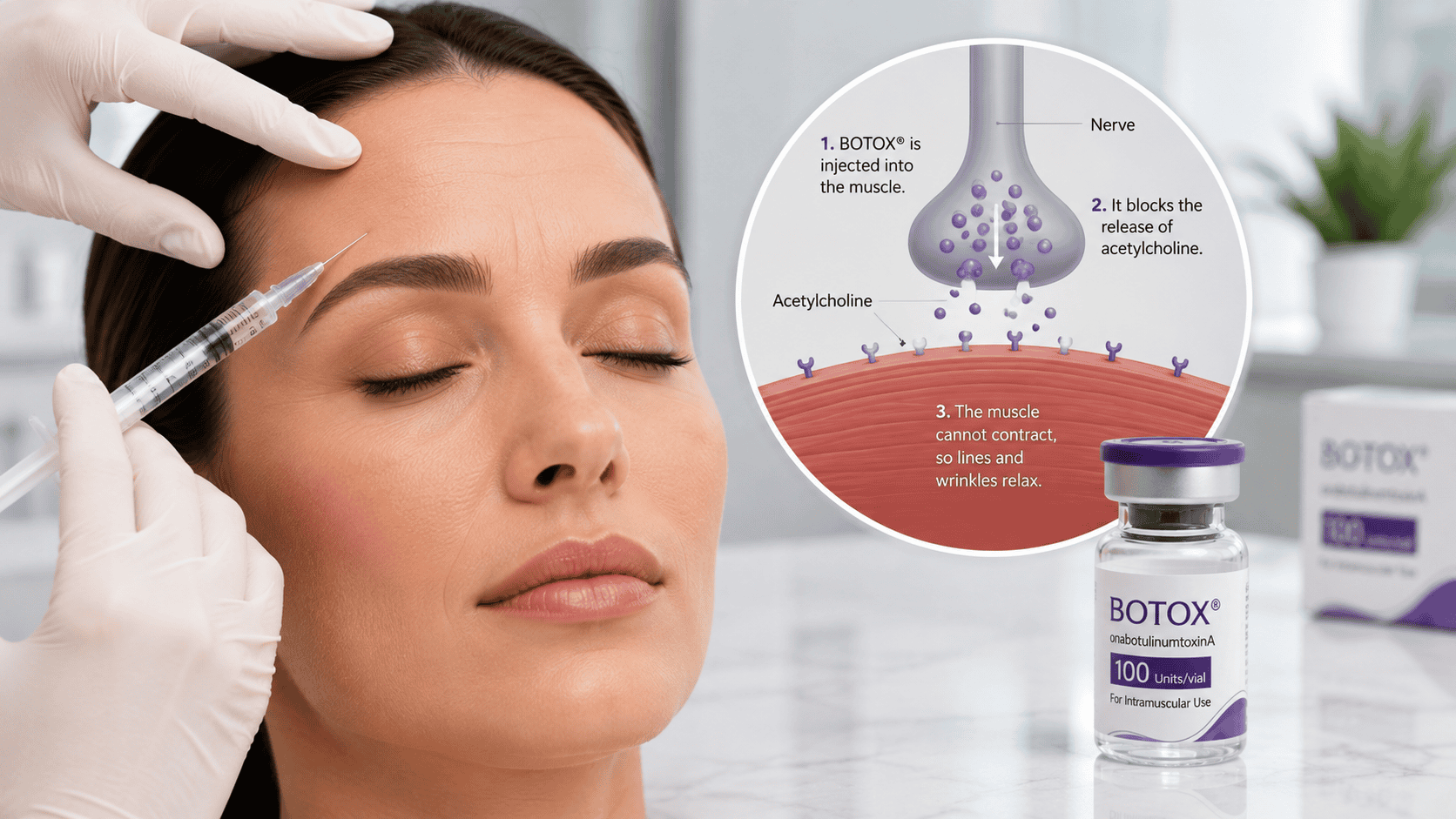 Woman getting a BOTOX injection with a vial on table and medial diagram bubble