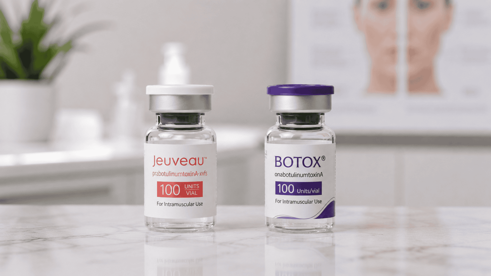Jeuveau and BOTOX vials side by side in a medical aesthetics clinic