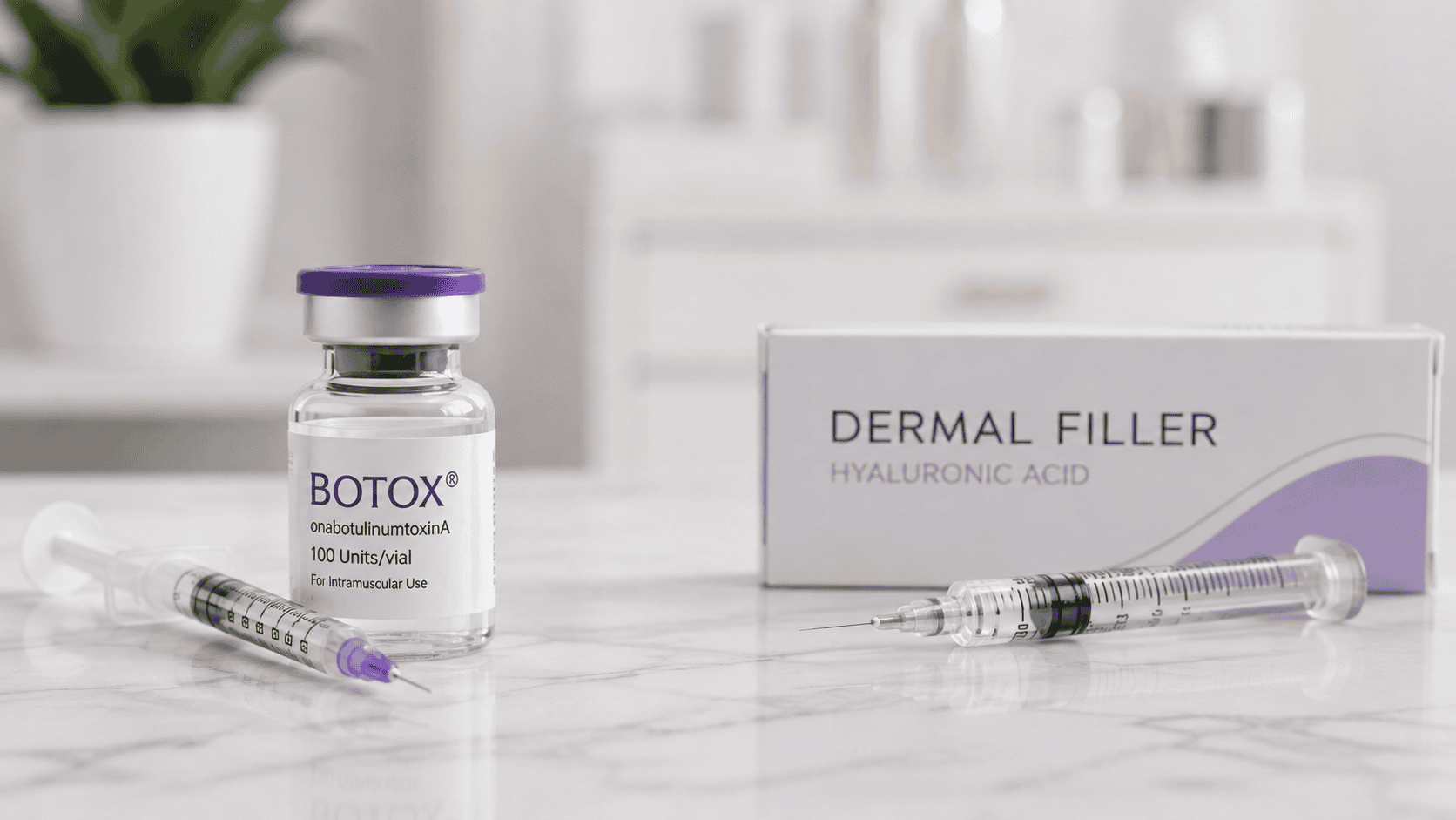 BOTOX vs Fillers Vial and Syringe of BOTOX and a box, vial, and syringe of Dermal Filler