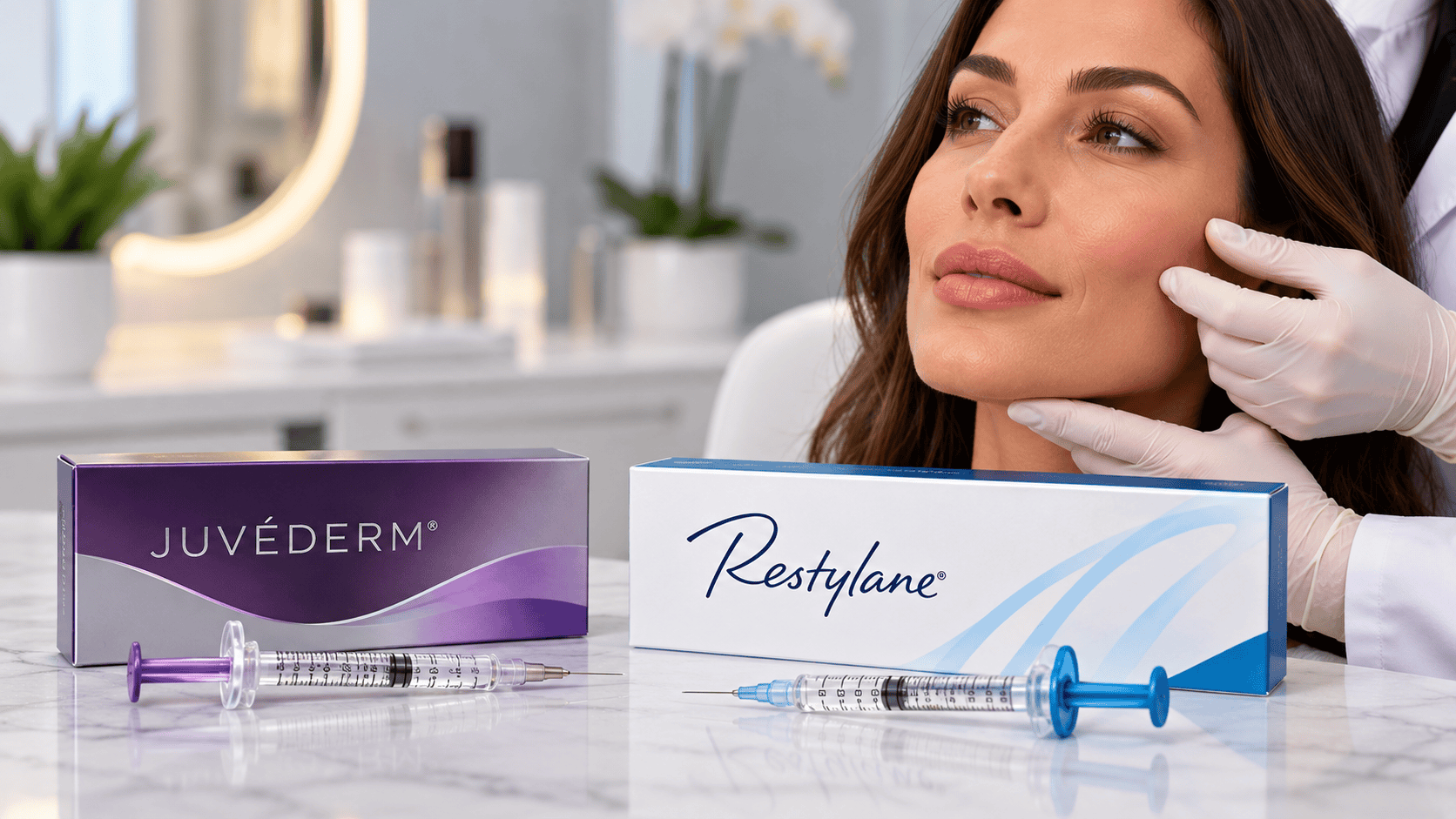 JUVÉDERM® and Restylane® dermal filler products displayed during a cosmetic consultation at a medical aesthetics clinic