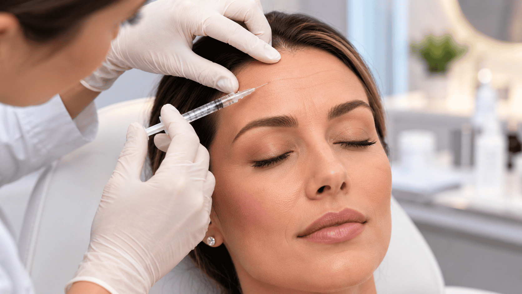 Woman receiving BOTOX® injections in her forehead from a medical aesthetics professional