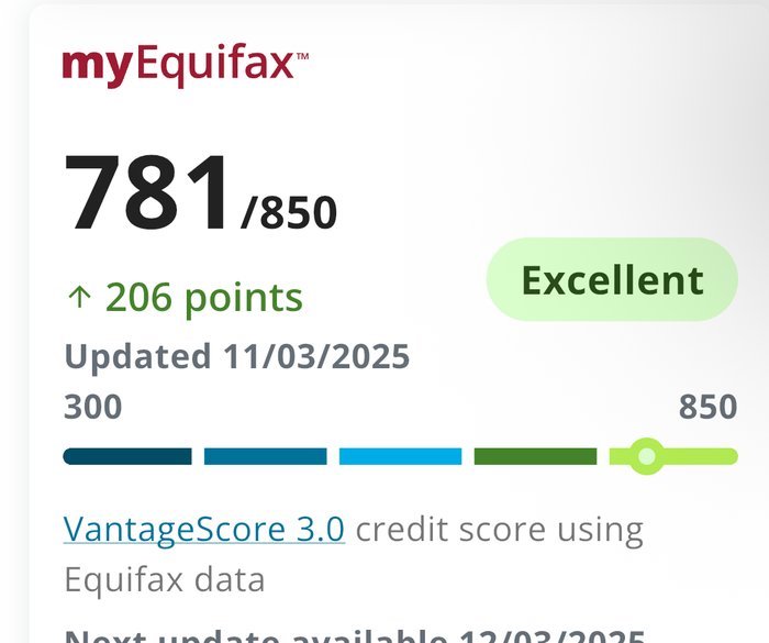 Captura de pantalla myEquifax mostrando puntaje 781, subió 206 puntos, categoría Excelente