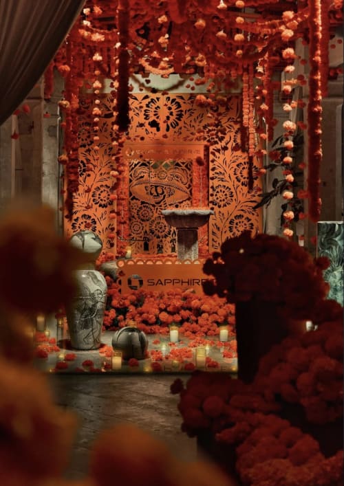 Custom Día de Muertos illustration by Angela George, brought to life in cut metal for an immersive environment with Twelve Thirty Four Flowers, for Chase Sapphire.
