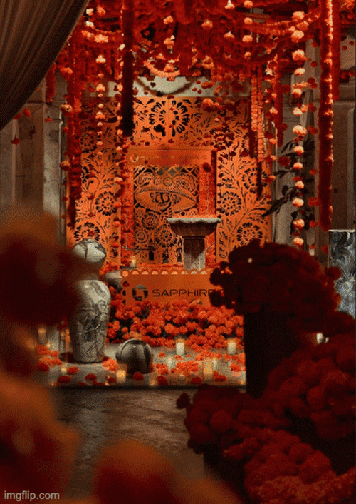 Custom Día de Muertos illustration by Angela George, brought to life in cut metal for an immersive environment with Twelve Thirty Four Flowers, for Chase Sapphire.
