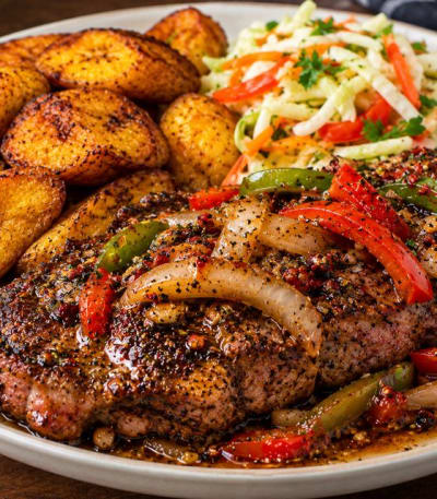 Peppered steak and plantain