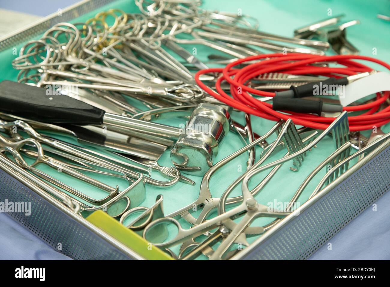 Sterile operating theatre setup, instruments laid out