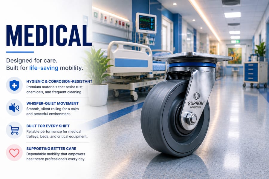 Medical-grade castors for hospital beds and equipment trolleys