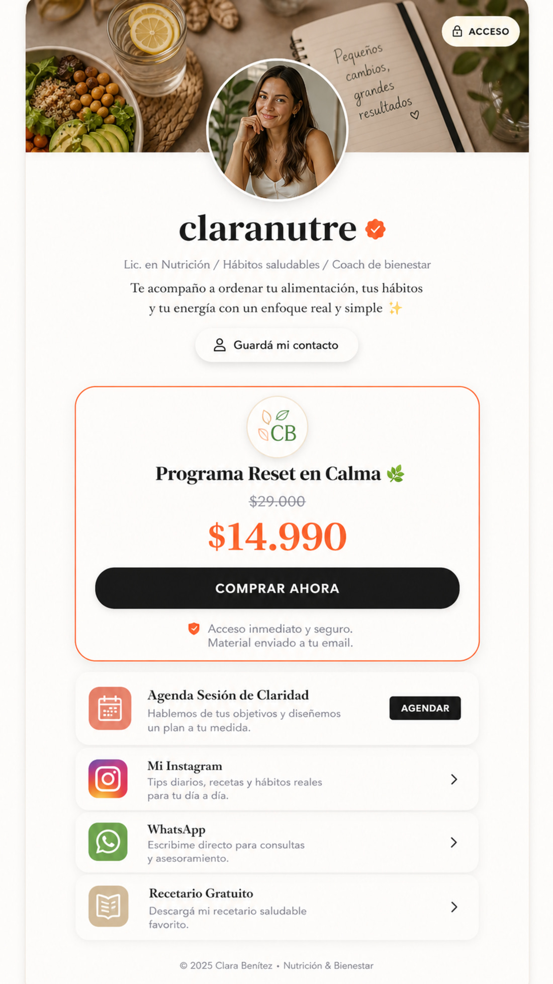Ejemplo de bio con producto y botón de pago en Abidey OS Bio