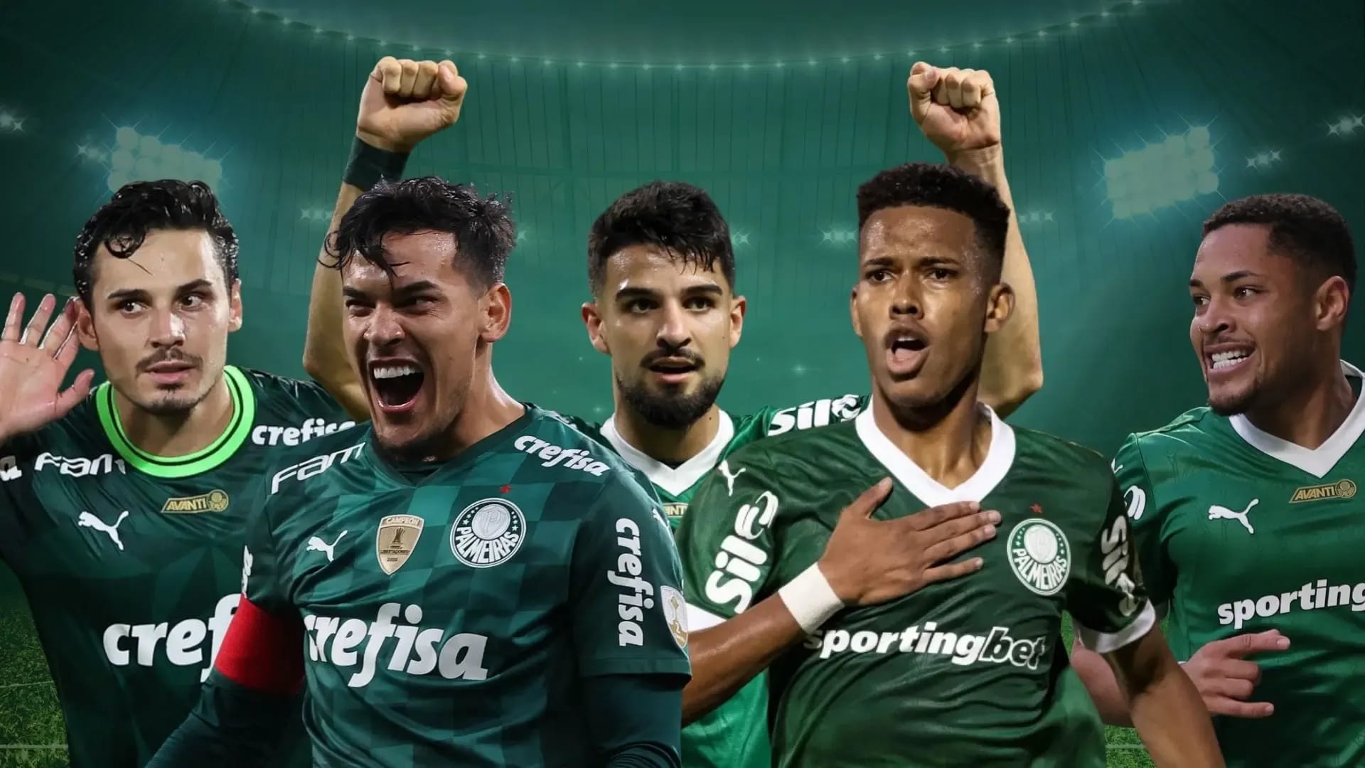 Montagem com cinco jogadores do Palmeiras em campo, sob luzes de estádio, para artigo sobre o melhor jogador do clube em 2025.