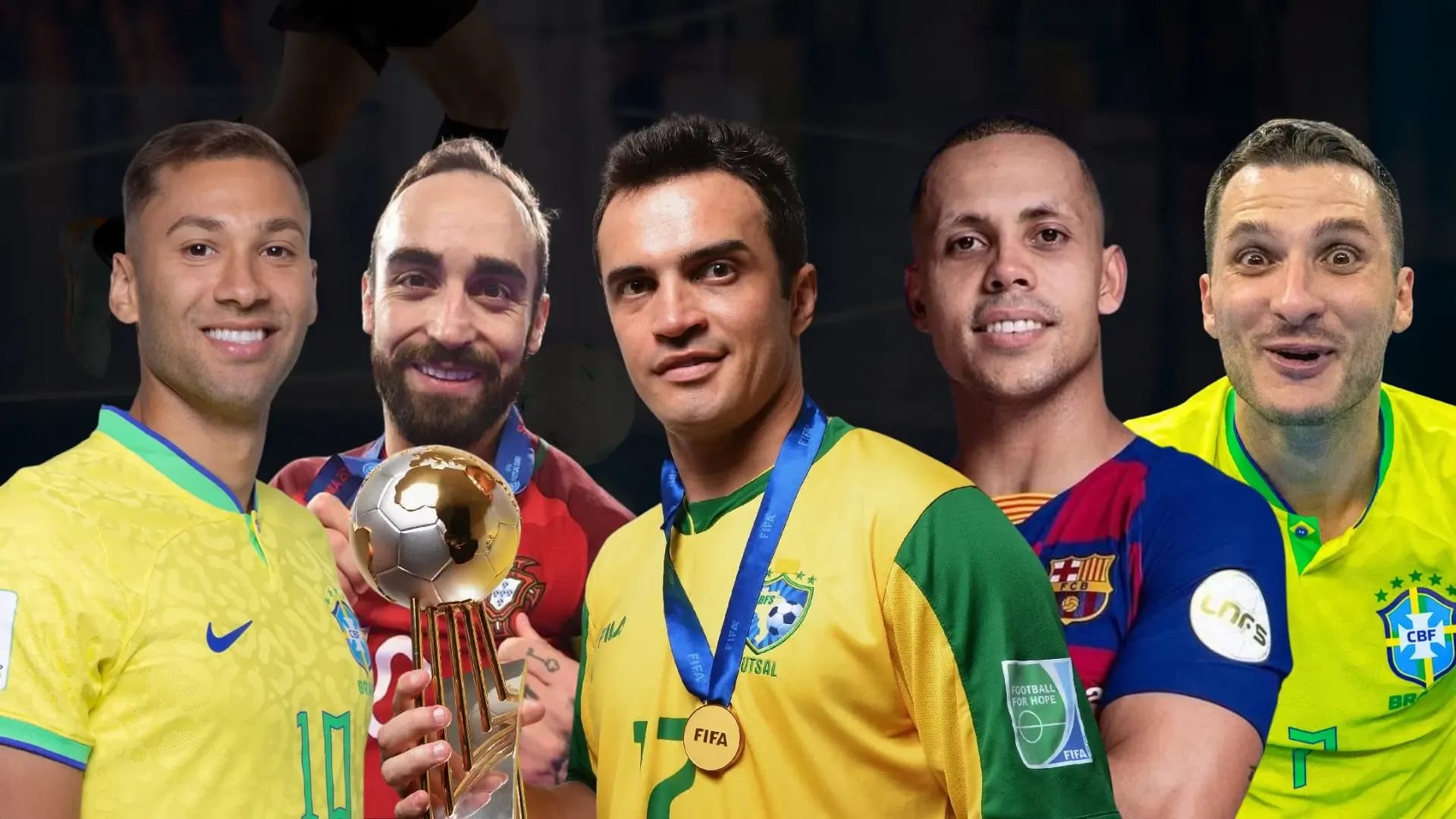 Montagem com os principais jogadores de futsal do mundo, incluindo Ricardinho, Falcão, Ferrão, Dyego e Pito em ação nas quadras