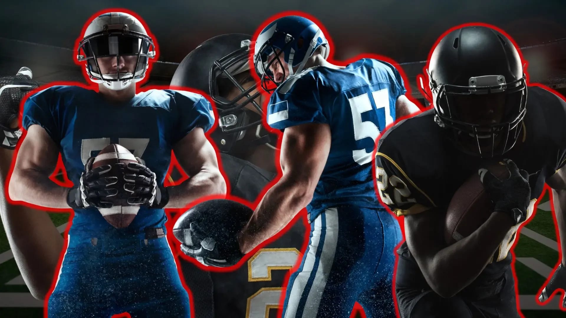 Montagem com três jogadores de futebol americano em diferentes posições durante partida da NFL