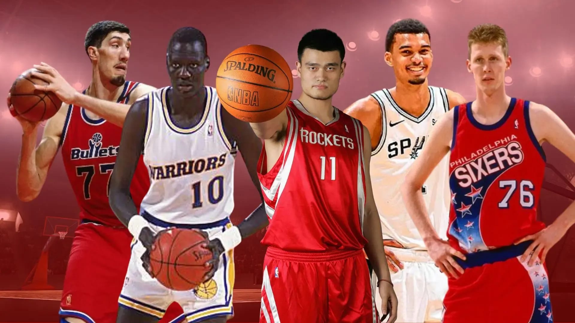 Montagem com os 5 jogadores mais altos da história da NBA: Gheorghe Muresan e Manute Bol com 2,31m, Yao Ming e Shawn Bradley com 2,29m, e Victor Wembanyama com 2,24m