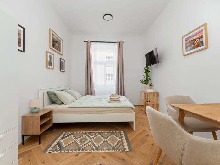 Furnished studio with framed prints, Seifertova — managed unit