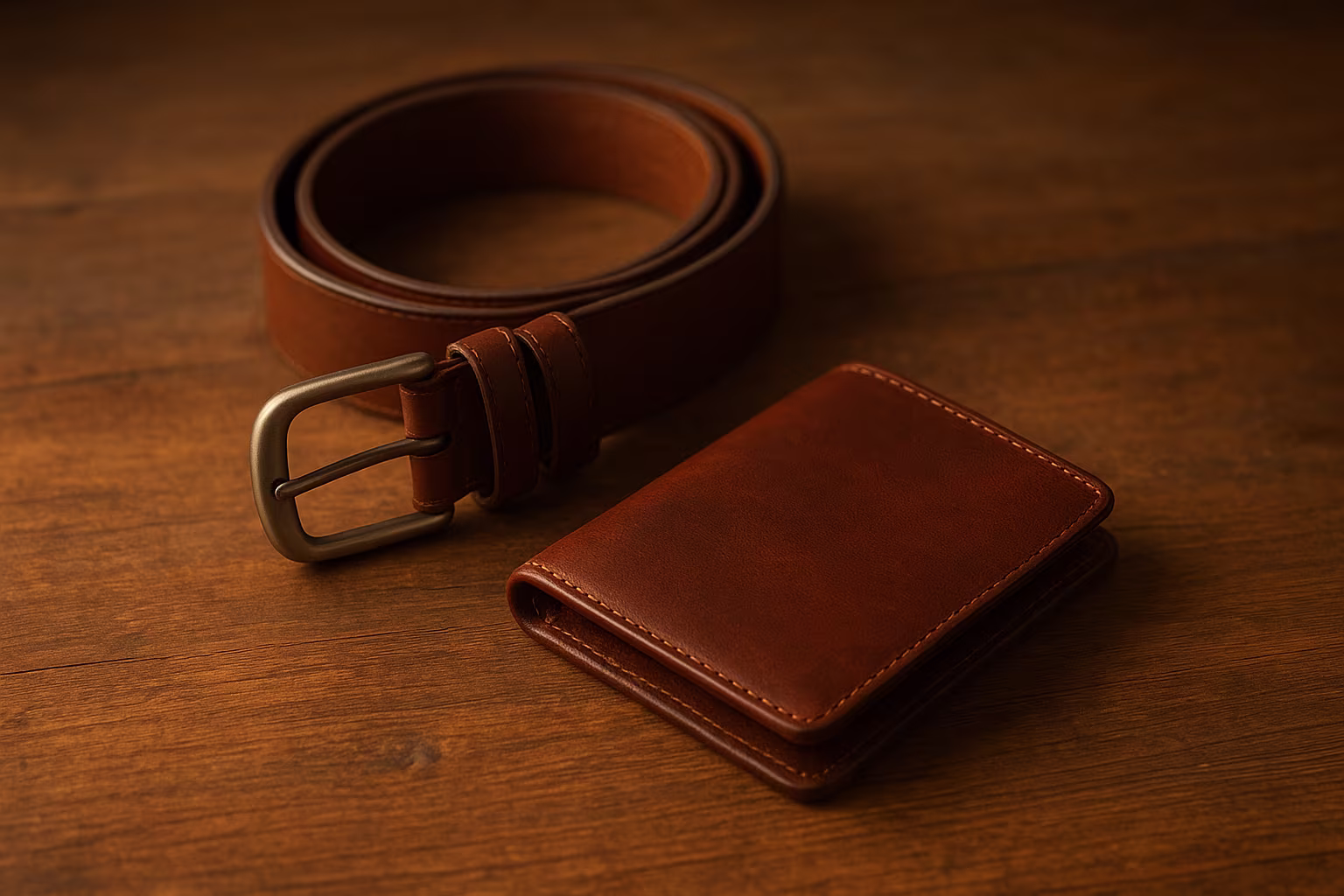 Ceinture en cuir et portefeuille posés sur une table en bois