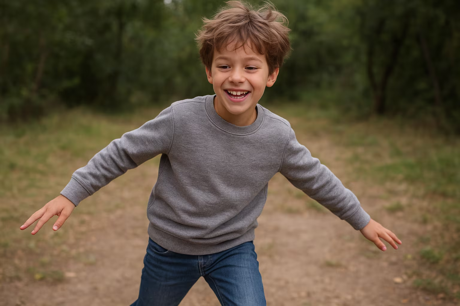 Garçon portant un sweat et un jean en train de jouer dehors