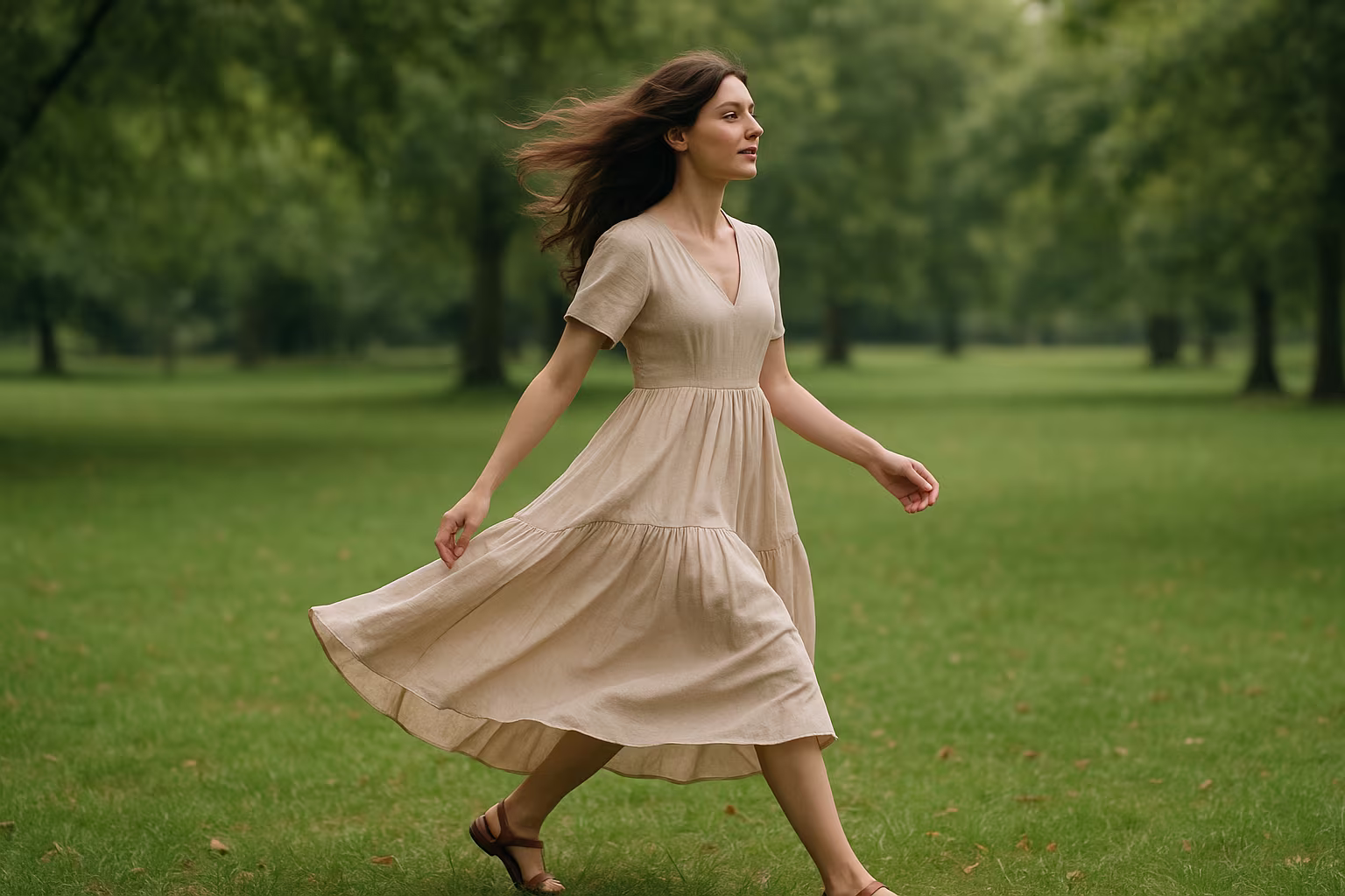 Femme en robe fluide marchant dans un parc