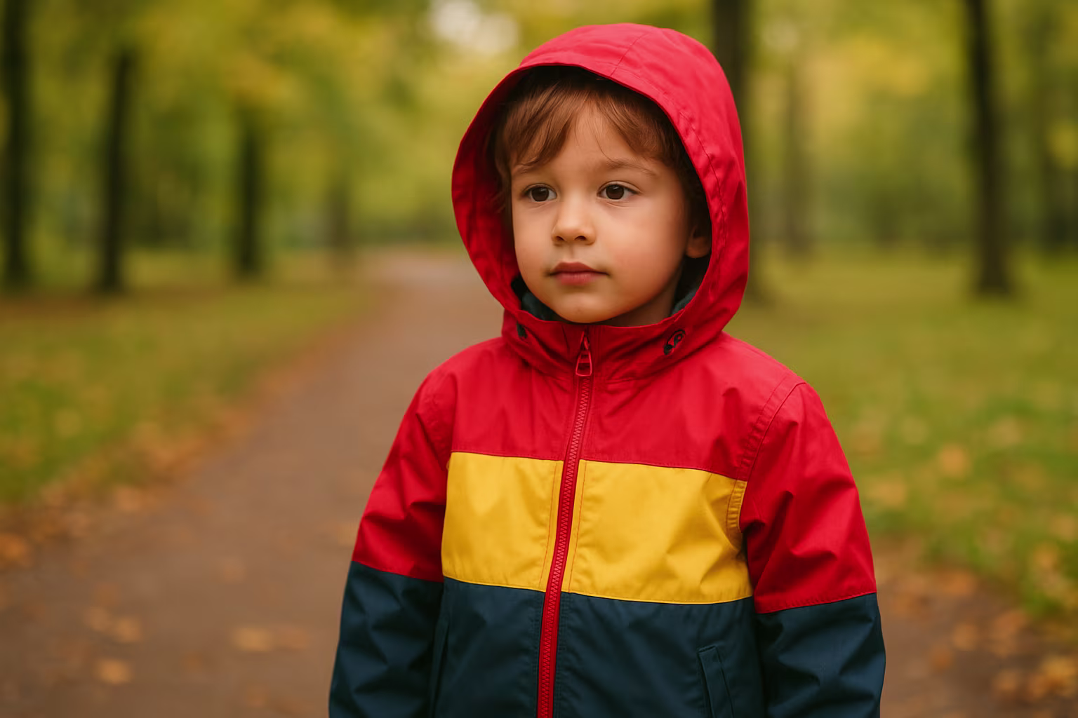Enfant portant une veste imperméable colorée dans un parc