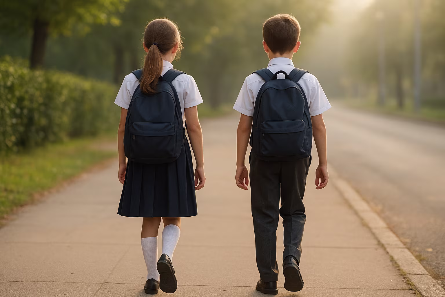 Enfants marchant vers l'école en uniformes classiques