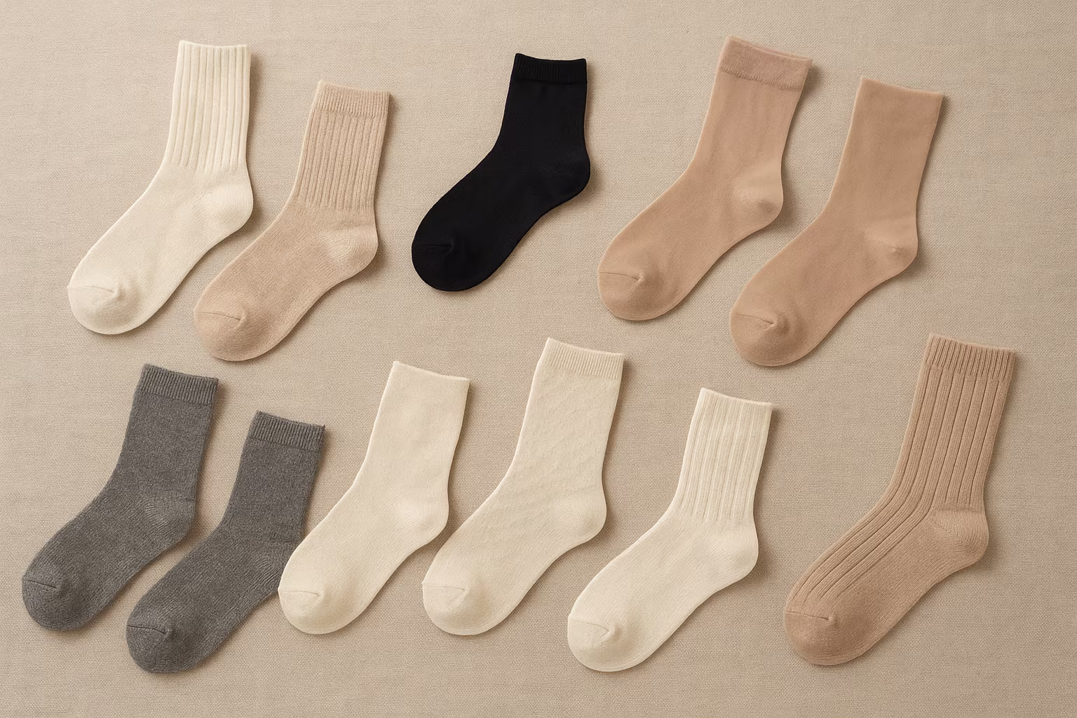 Disposition soignée de chaussettes et collants sur tissu neutre