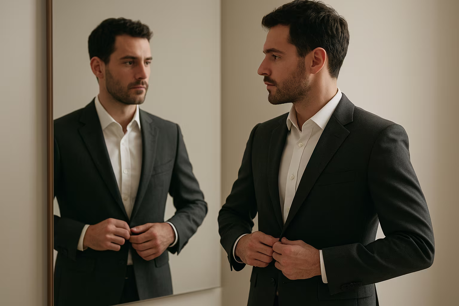 Homme ajustant sa veste de costume devant un miroir