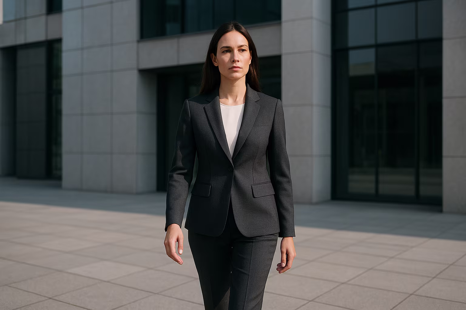 Femme en blazer tailleur se dirigeant vers un immeuble de bureaux