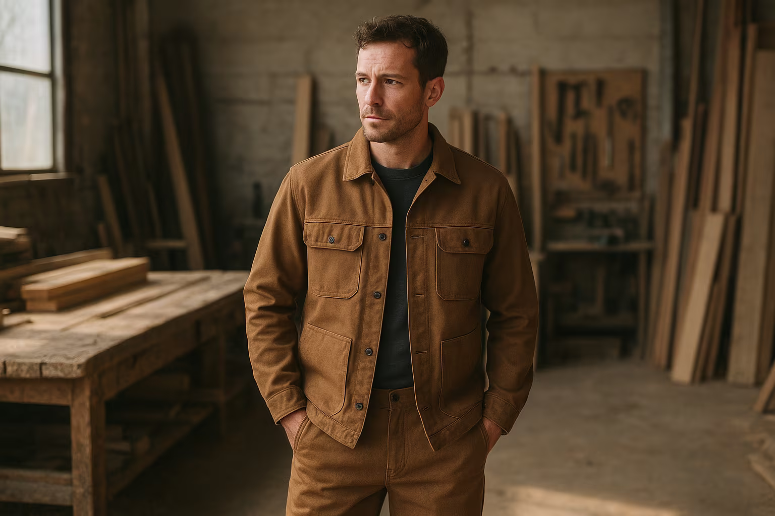 Homme portant une veste de travail dans un atelier